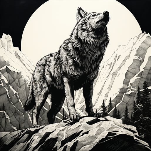 Eine schwarz-weiss Illustration von einem Wolf ist zu sehen, der auf einem Fels steht, im Hintergrund sind weiterre Berge oder Felse zu sehenm einen sehr grossen Mond vor schwarzem Hintergrund un vereinzelte Tannen