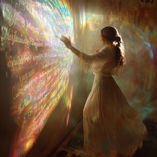 Eine schöne Frau in einem weißen Kleid schreibt Worte an die Wand, während Regenbogenlicht aus ihrer Hand scheint. Die Szene hat einen wunderschönen Fantasy-Stil mit einer verträumten und ätherischen Qualität und filmischer Beleuchtung.