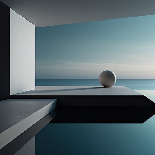 Pool im Hintergrund, im Stil des konzeptuellen Minimalismus, lichtdurchflutete Meereslandschaften, leuchtende Kugeln, geometrische Balance, Dunkelgrau und helles Azurblau, ruhige See und Himmel