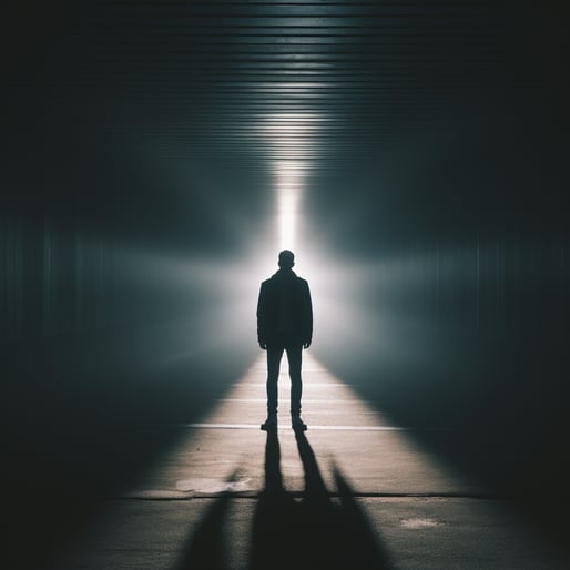 ein Bild einer Person, die in einem geschlossenen Durchgang steht und auf die Licht scheint, im Stil einer unheilvollen Atmosphäre, gedämpften Minimalismus, postapokalyptischen Futurismus, Futurismus, nebliger Atmosphäre, darauf scheinen Sonnenstrahlen