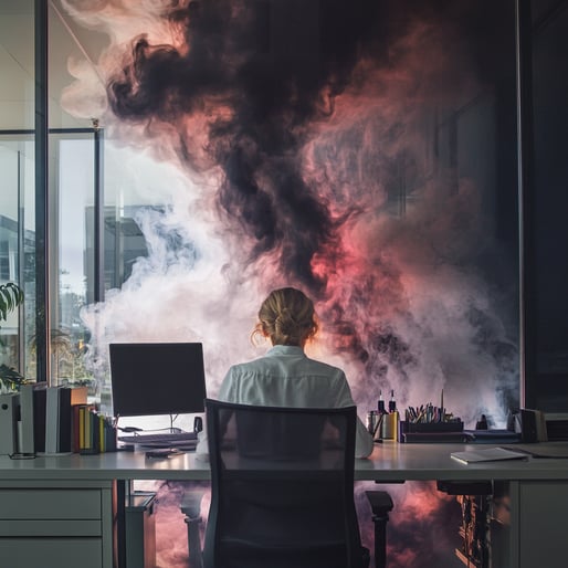 Eine Frau sitzt an ihrem Schreibtisch in einem Büro. Der Raum ist mit dichtem Rauch aus einer großen rosa-schwarzen Wolke gefüllt. Die Szene fängt den Moment ein, in dem sie nach oben schaut, um zu sehen, was draußen vor dem Fenster passiert.