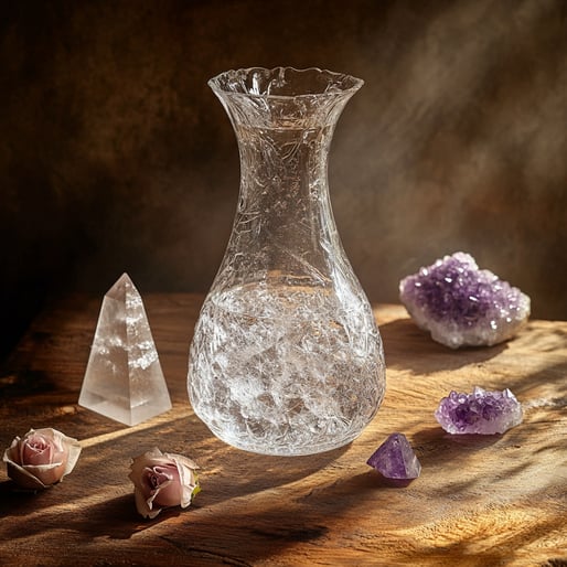 Eine Kristallkaraffe mit zarten Texturen, platziert auf einem alten Holztisch, umgeben von Amethystkristallen und Rosenquarzspitzen. Die Szene wird durch sanftes Sonnenlicht beleuchtet, das sanfte Schatten auf die Glasoberfläche wirft und so komplizierte 
