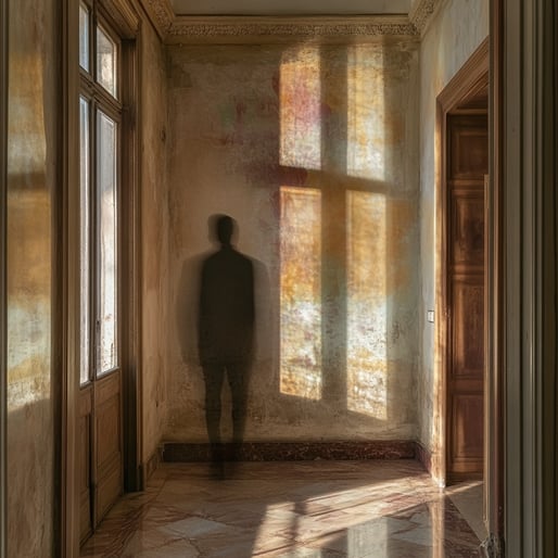 Eine geheimnisvolle Schattenfigur, die an die Wand eines alten Herrenhauses geworfen wird und in Sonnenlicht getaucht ist, das durch Fenster und Türen strömt. Der Fokus liegt auf der Silhouette des geisterhaften Mannes, die hyperrealistisch ist und im Sti