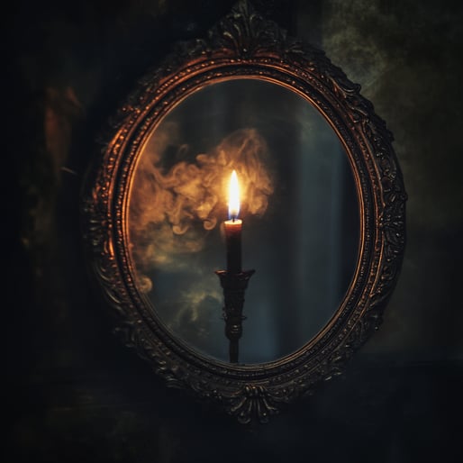 Ein Spiegel mit einem verzierten Rahmen, der das Kerzenlicht reflektiert. Rauch steigt daraus auf und erzeugt eine dunkle, fantasievolle, gotische und geheimnisvolle Atmosphäre mit einer bedrohlichen, gruseligen Ausstrahlung. Das Bild ist sehr detailliert