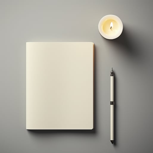 Leeres Notizbuch mit Stift und Kerze auf grauem Hintergrund, flaches Layout, minimalistische Hintergründe, Zen-inspiriert, Elfenbein, stimmungsvoller Tonalismus, mattes Foto, minimalistische Zeichnungen