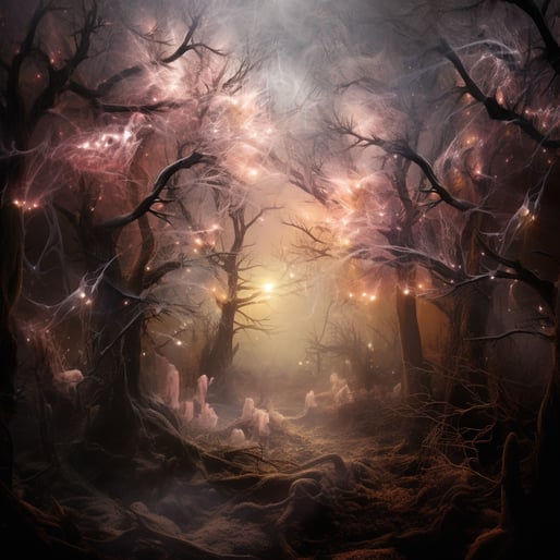 Magische Illustration von Bäumen ohne Blättern umgebe von mystischem Licht, in der Mitte des Waldbodens sind weisse Kerzen