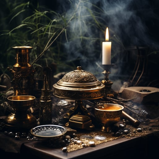 Auf einem Holztisch steht ein Räuchergefäss mit Deckel, und andere Räuchergefässe, alle Gefässe sind aus Metall und reichlich verziert, daneben steht eine weisse Kerez und metallene Vasen sowie eine grüne Pfllanze, schwarzer Hintergrund und Rauch