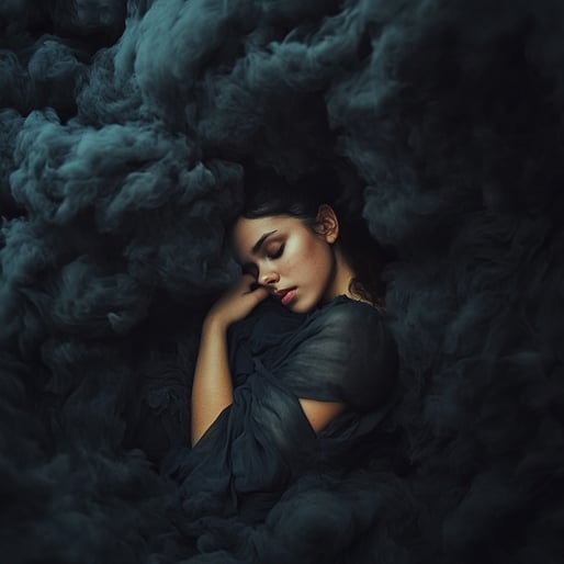Eine schöne Frau schläft im Dunkeln, umgeben von Rauchwolken, im Stil der Modefotografie, in einer Studioumgebung mit filmischer Beleuchtung, einer Aufnahme aus einem niedrigen Winkel, Hell-Dunkel-Beleuchtung, hyperrealistischem, hochauflösendem, dunklem 