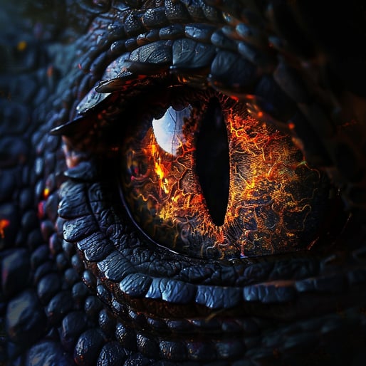 Ein orange, bernstein farbenes Drachenauge umgebenn von schwarzen Hornschuppen, Nahaufnahme, photorealistisch