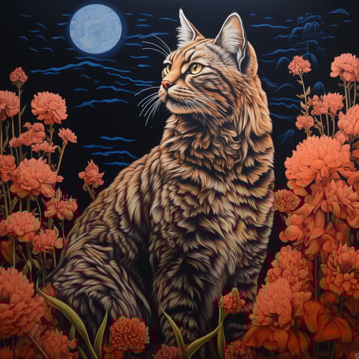 Eine schöne braune illustrierte Katze schaut nach links, sie ist umgeben von rötlichen blühenden Blumen, im Hintergrund is ein Mond zu sehen und bläuliche Wolken in strichform