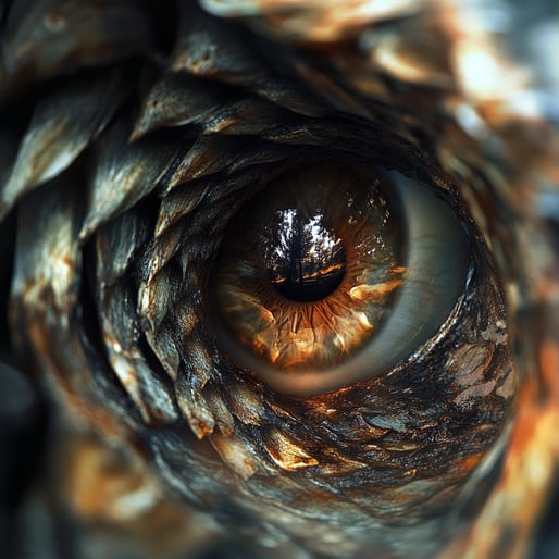 Eine Nahaufnahme eines braunen auges umgeben von tannzapfen und drachen schuppen die umliegende Landschaft reflektiert. Hochauflösende Fotografie, wahnsinnig detailliert, mit feinen Details. professionelle Farbkorrektur, hyperrealisti