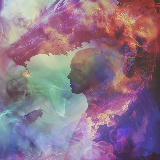 Ein Drach der über einer Person ist im Stil von Silhouetten und Schattenbildern, überlagert mit farbigen licht und Rauch effekten in Orange, Pink, Violett, Grün, Blau, Gelb und Orange