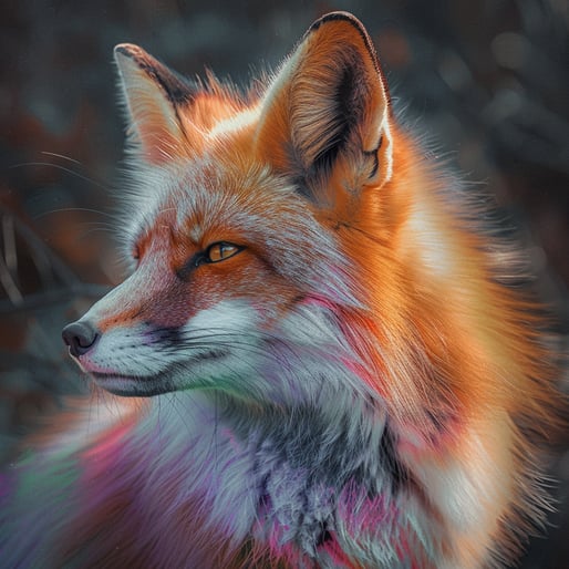 Ein Portrait eines Fuches der nach links schaut, mit rosa und grünen Farbeffekten im Fell, grauer Hintergrund