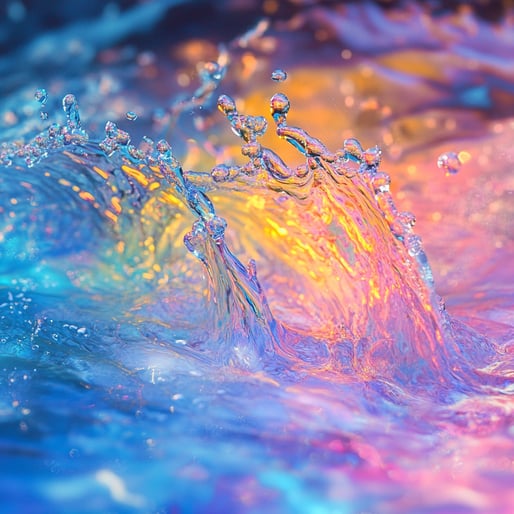 Spritzendes Wasser in buntem Licht, hochdetaillierte Nahaufnahme, scharfer Fokus, hochauflösende digitale Fotografie.