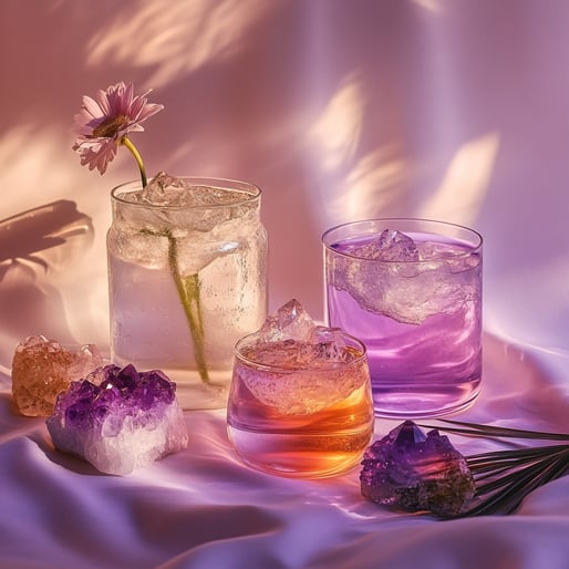 Eine ästhetische Fotografie von drei Trinkgläsern mit Bergkristall und Blume auf einem violetten Tuch, mit sanfter Beleuchtung, Pastellfarben, durch das Fenster scheinenden Sonnenstrahlen und zarten Schatten, die von den Kristallen geworfen werden.