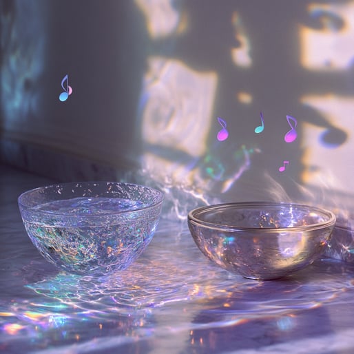 Zwei mit Wasser gefüllte Glasschalen, in der Luft schwebende Musiknoten, holografische Projektion auf der Wand dahinter, sanftes Licht, schimmernde Reflexionen, eine surreale Atmosphäre, verträumte Pastellfarben, hochauflösende Fotografie.