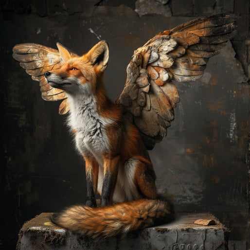 Ein Fuchs mit Flügeln sitzt auf einem Sockel er hebt den Kopf nach links hoch, der Hintergrund ist eine graue Wand die runtergekommen ist mit flecken und abgeblätterten stellen