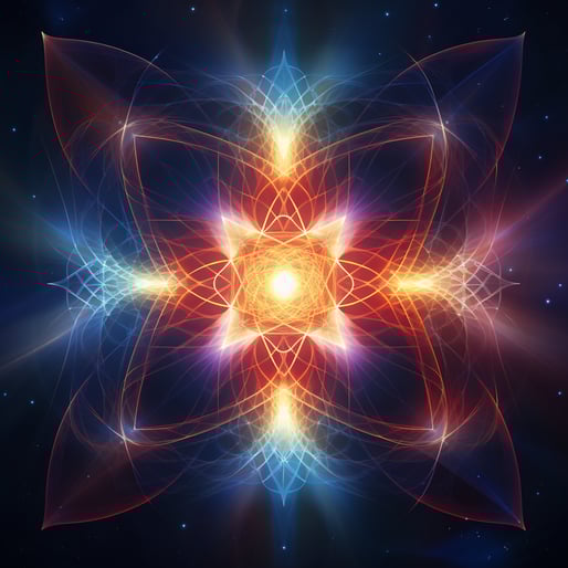 ein sehr farbenfrohes spirituelles Fraktalmuster im Stil der ätherischen Geometrie, der Rotverschiebung, des harmonischen Gleichgewichts, ruhig und meditativ, religiöser Symbolik, hellem Marineblau und Karmesinrot