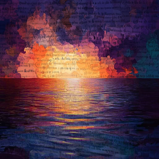 Die untergehende Sonne spiegelt sich im ruhigen Meer, umgeben von kalligraphischen Worten. Die Farben wechseln allmählich von Orange zu Lila und Rot und schaffen so einen abstrakten Hintergrund. Dies ist ein digitales Gemälde mit Weitwinkelperspektive