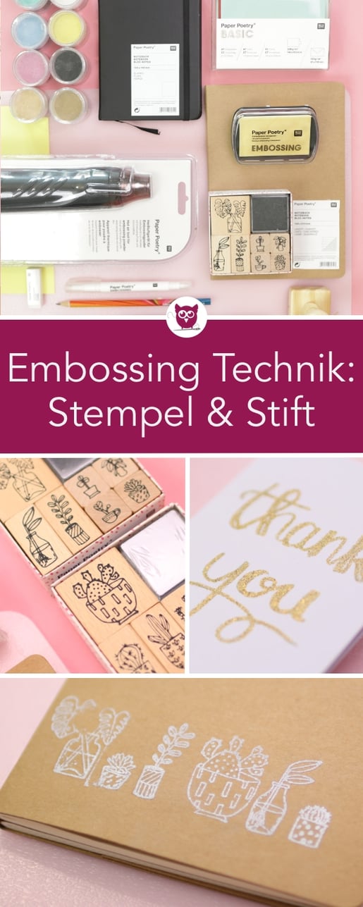 Embossing ist eine tolle Basteltechnik um einen 3D Lack Effekt auf Karten, Notizbücher und weitere Materialien zu zaubern. Das Embossing Puder wird erhitzt und schmilzt. Die Technik ist super einfach und schnell umgesetzt. Perfekt für Hochzeitseinladungen