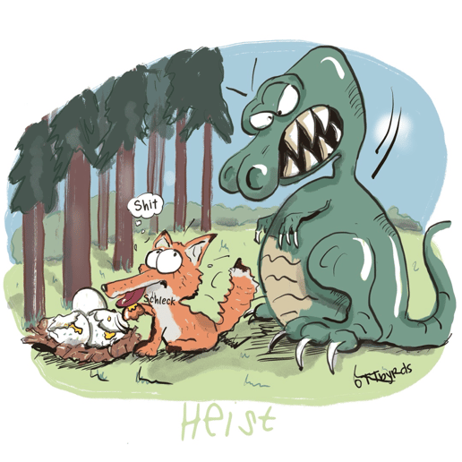 Raub, Inktober2022, Inktober, Eierdieb, Fuchs, Dinosaurier, Wald, Nest, Diebstahl, erwischt, böser fuchs, ottbyrds, dinsaur, mother, mama ist zurück