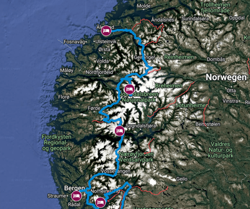 Unsere Route nach von Bergen nach Ålesund