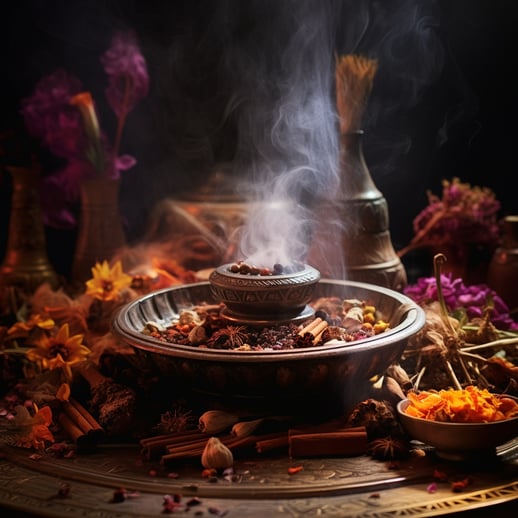 Eine Räucherschale aus Metall steht auf einem Metall Teller auf einem Tisch, es steigt Rauch auf in der Schale liegen Gewürze, Kräuter und Zimtstangen um das Gefäss liegen Blumen, Zimtstangen und Gewürze kleines Schälchen mit Blüten, hinten stehen Flasche
