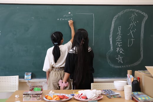 黒板に「星空学校」のマップを書く