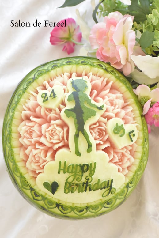 カービング　スイカ　彫刻　誕生日　結婚式　メロン　フルーツカービング　教室　大阪　薔薇　ソープカービング　　プレゼント　オーダー　フラワーケーキ　carving watermelon