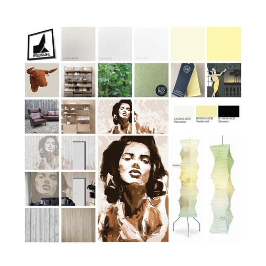 Moodboard mit Gestaltungsvorschlägen in gelb, grün, beige, braun. Kundenspezifisches Grafikdesign Akustelemnete, Farbvorschläge