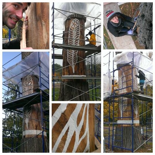 création des plumes sur le tronc du slingshot du parc La Fontaine