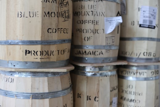 Wooden barrels with green bean coffee