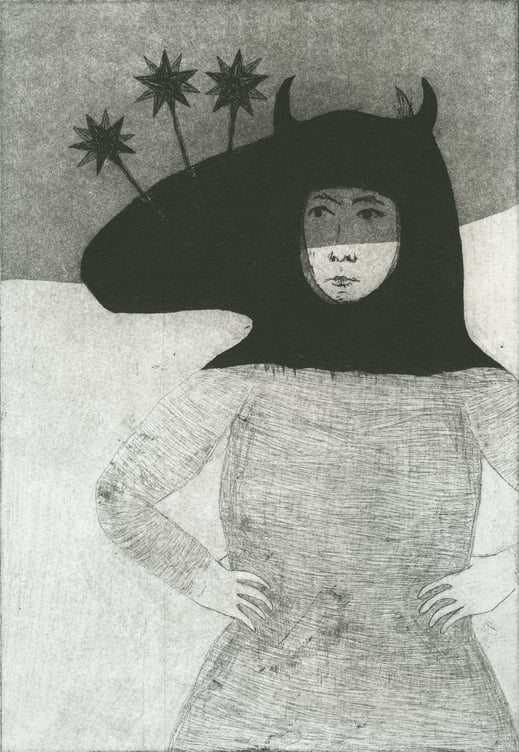 "Guerrière" - eau forte pointe sèche - 15 x 22 cm - 2019. Oeuvre de Bilitis Farreny