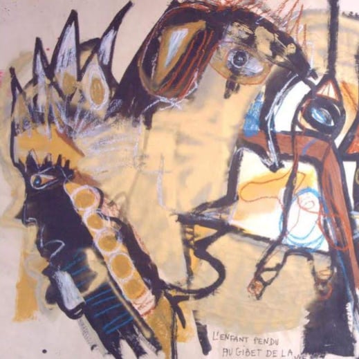 "L’enfant pendu au gibet de la vie" Technique  mixte, papier marouflé sur toile, 170 x 100 cm 