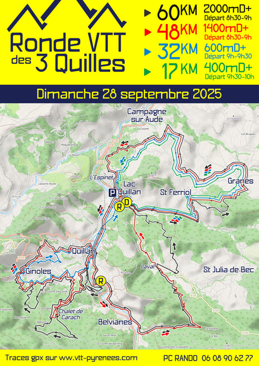 Plan des parcours de la Ronde VTT des 3 Quilles 2025