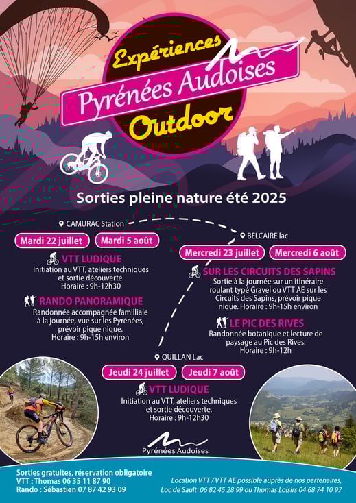 Expériences Outdoor en Pyrénées Audoises - sorties gratuites VTT et Rando - été 2025