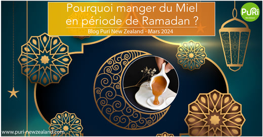 Dessin graphique au style oriental avec une photo d'une cuillère en céramique dans la quelle se trouve du Miel de Manuka de Nouvelle-Zélande