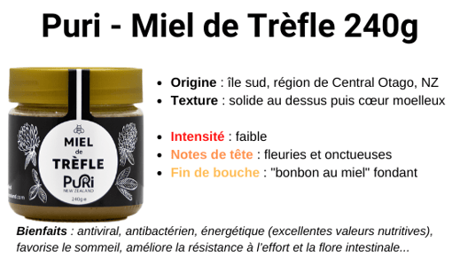 Miel de Trèfle 240g description origine Central Otago Nouvelle-Zélande - Puri New Zealand