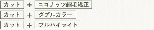 カット＋ココナッツ縮毛矯正。カット＋ダブルカラー。カット＋フルハイライト