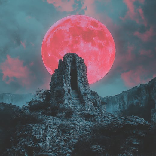 Ein riesiger roter Mond, der über antiken Ruinen aufgeht, im Stil digitaler Fantasy-Kunst, mit einem dunklen Himmel in Blau- und Hellrosatönen und bergigen Ausblicken im Hintergrund