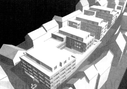 Gesamtübersicht des geplanten Neubaus von Südosten (Rheinstrasse).