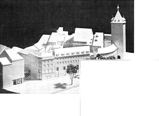 […] Das Modell zeigt an der Ecke Bahnhof-/ Schwertstrasse das neue Eckhaus und rechts davon die neue Fassade des ehemaligen Kinos Rüden. Verdeckt sind die Gebäude im Innenhof, der bis zum ehemaligen Kino Buchsbaum reicht.