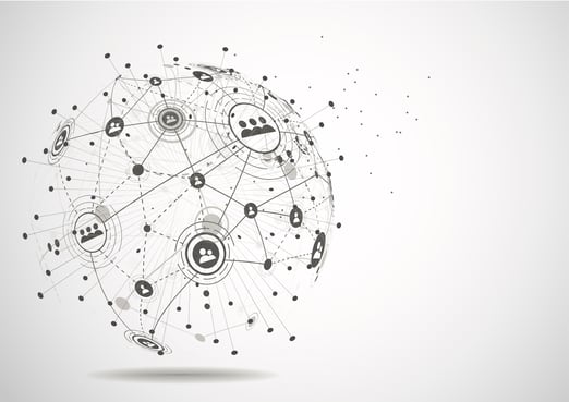 Mesh globe with thin lines in a geometric pattern connecting round head and shoulder icons denoting people connecting 