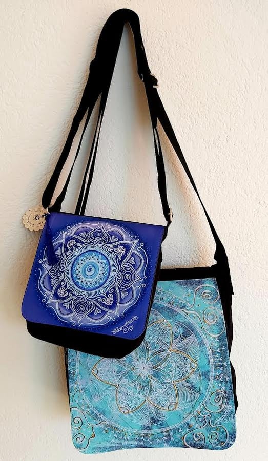 Schultertaschen Mandala, btangled, Austauschklappe, blau, türkis, gold, www.passion-of-nature.ch