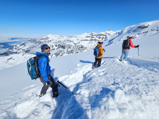 Zwei Personen mit Bergführer vor der Freeride Abfahrt im Tiefschnee