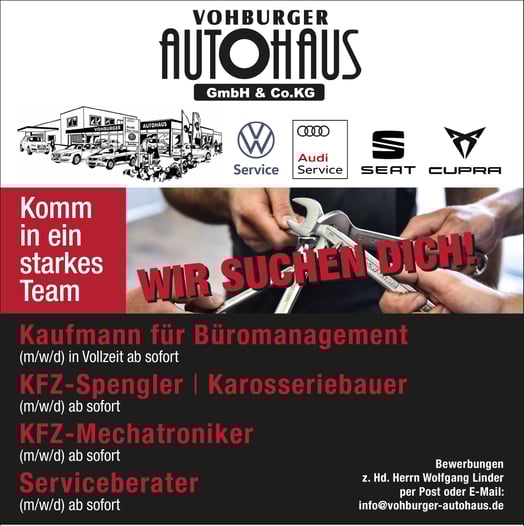 Jobangebot, Kaufmann, Karosserie Spengler, Karosseriebauer, Mechatroniker, Serviceberater