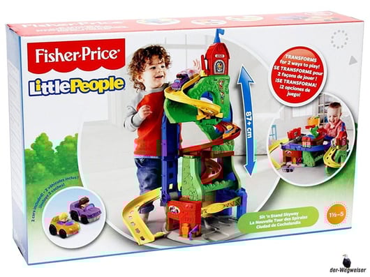 Bei der Bestellung im Onlineshop der-Wegweiser erhalten Sie das Fisher-Price Paket "Hochhaus Rennbahn".
