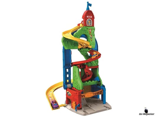 Im Paket Fisher-Price ist eine Hochhaus Rennbahn mit der Höhe von 90cm und zwei dazugehörende Rennautos enthalten.