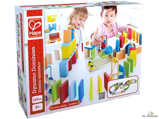 Bei der Bestellung im Onlineshop der-Wegweiser erhalten Sie das Domino fantastico mit 100 Dominosteine vom Hersteller Hape.