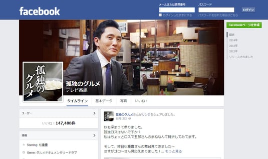 2014/10/15 時点、147,488件のいいね!を獲得している「孤独のグルメ」Facebook公式アカウントのスクリーンショット